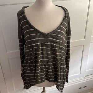 Free people green and white striped waffle knit sweater long sleeve top